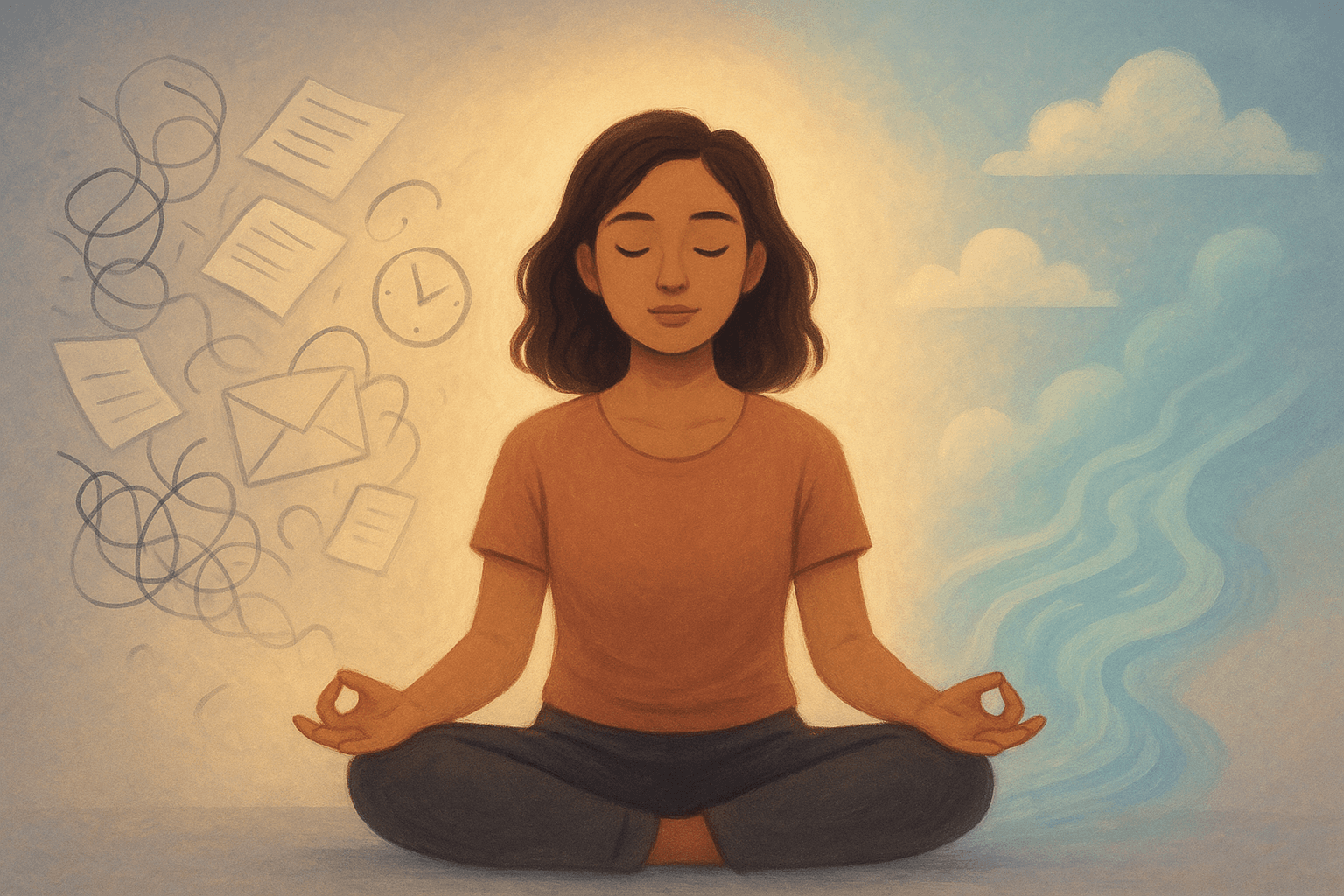 Person meditating with tasks floating
